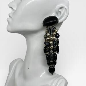 Vintage Black Gold Beaded Chandelier Clip On Earring Single